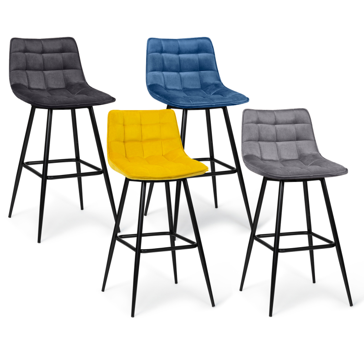 Lot de 4 tabourets de bar MADY en velours mix color bleu, gris clair, gris foncé, jaune