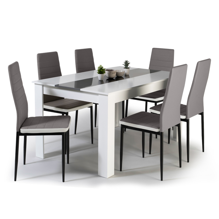 Mesa de comedor GEORGIA 140 cm blanca y gris y 6 sillas ROMANE grises con borde blanco