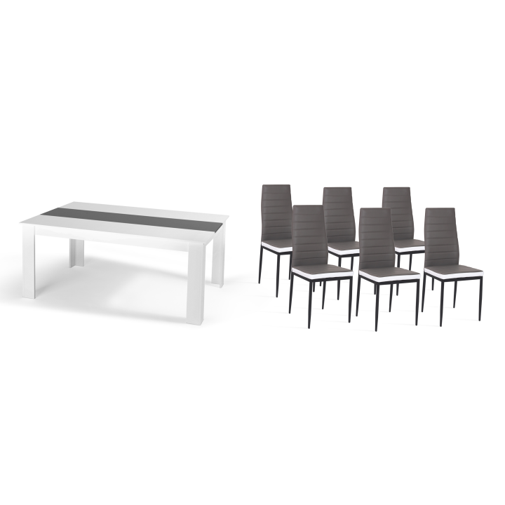 Mesa de comedor GEORGIA 140 cm blanca y gris y 6 sillas ROMANE grises con borde blanco