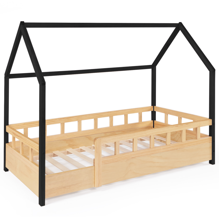 Lit cabane enfant 80 x 160 CM NEREE bois et noir avec sommier et barrières