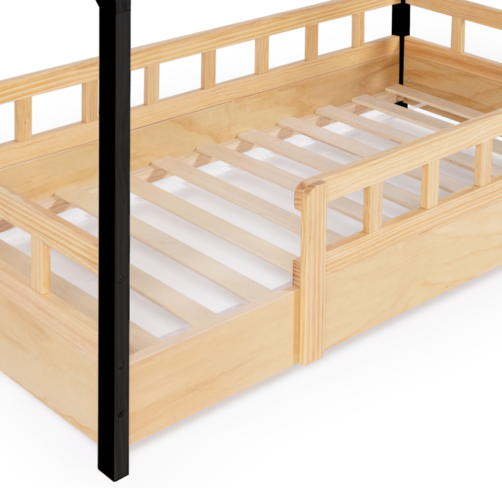 Lit cabane enfant 80 x 160 CM NEREE bois et noir avec sommier et barrières