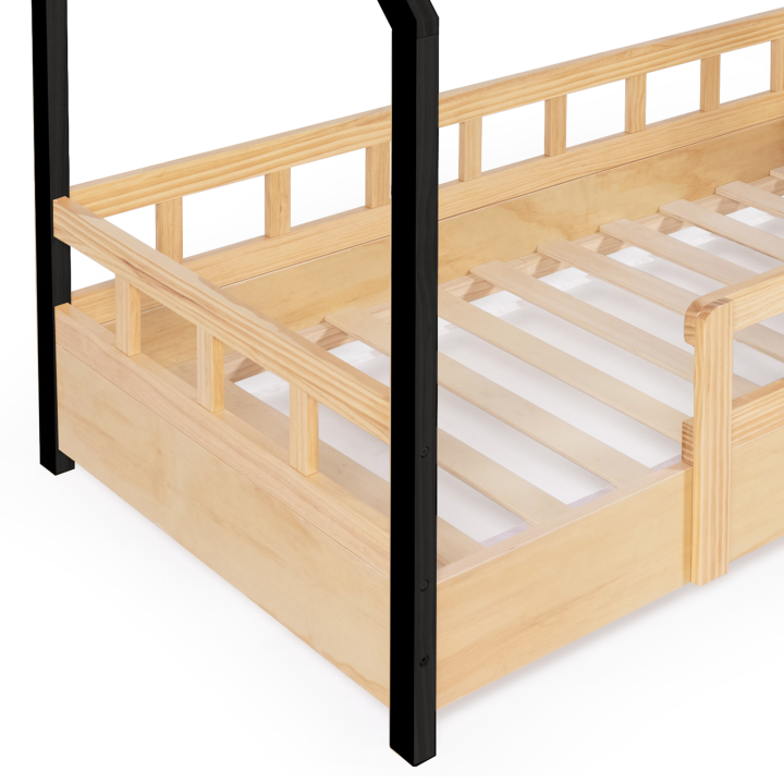 Lit cabane enfant 80 x 160 CM NEREE bois et noir avec sommier et barrières