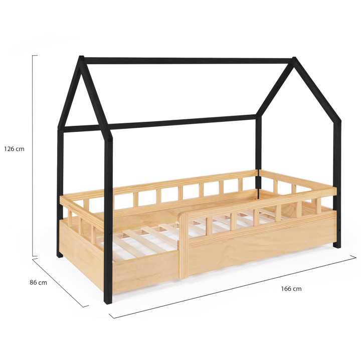 Cama con barandillas 80x160 cm negro y madera - NEREE | ID Market