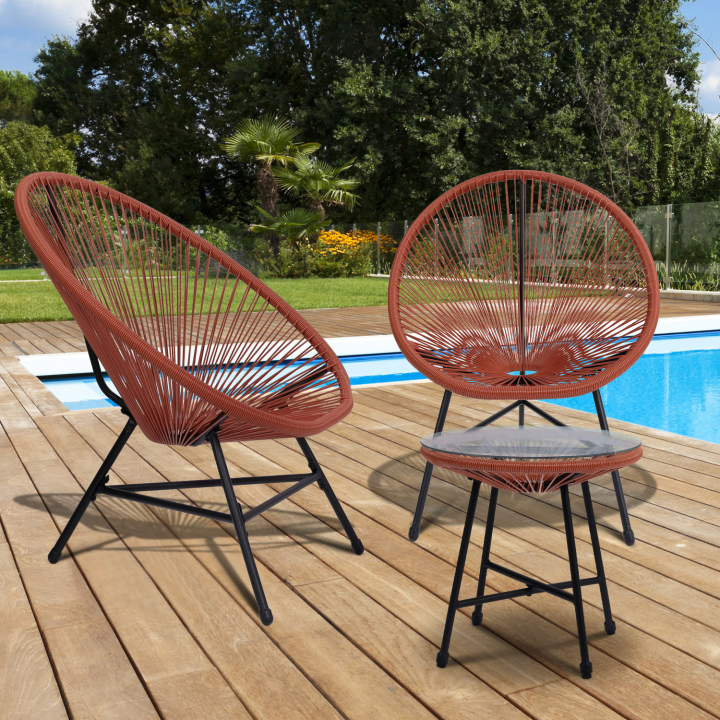 Salon de jardin IZMIR table et 2 fauteuils œuf cordage terracotta