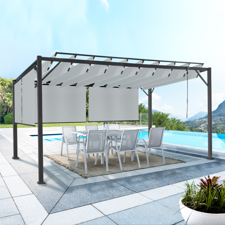 Pérgola de acero con lamas orientables 3x4 m y 4 persianas gris claro | ID Market