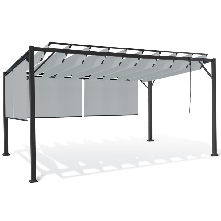 Pérgola de acero con lamas orientables 3x4 m y 4 persianas gris claro | ID Market