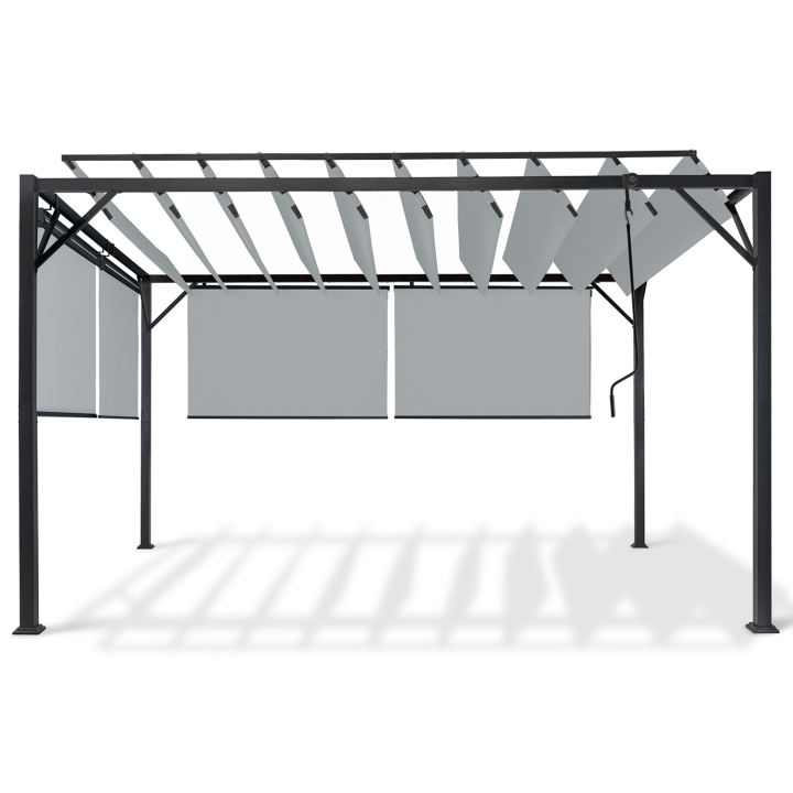 Pérgola de acero con lamas orientables 3x4 m y 4 persianas gris claro | ID Market