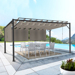 Pérgola de acero con lamas orientables 3x4m y 4 persianas topo | ID Market