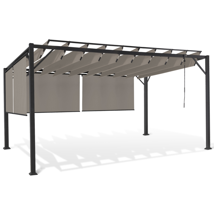 Pérgola de acero con lamas orientables 3x4m y 4 persianas topo | ID Market