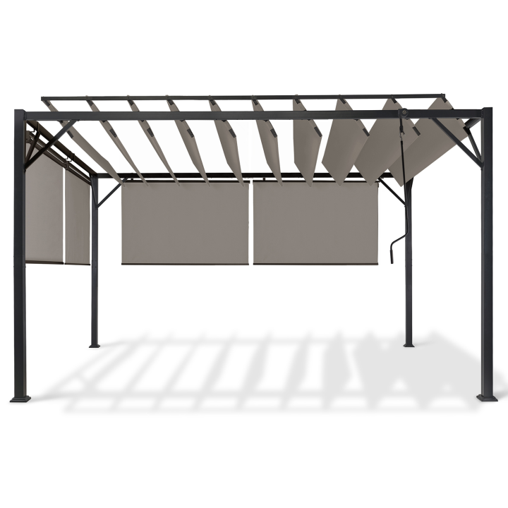 Pérgola de acero con lamas orientables 3x4m y 4 persianas topo | ID Market