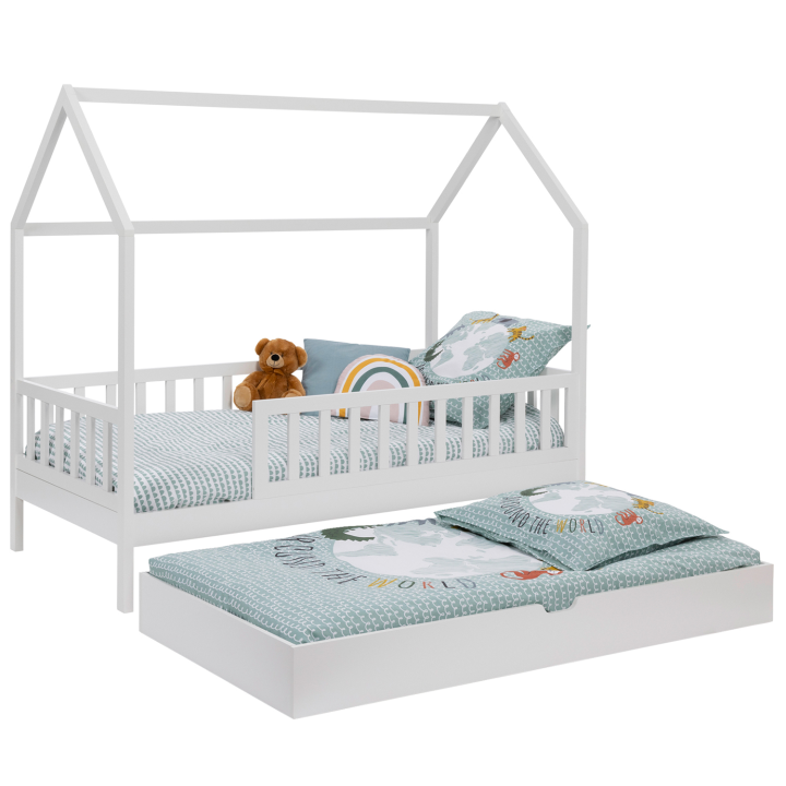 Lit cabane enfant 80 x 160 CM NEREE blanc avec 1 tiroir gigogne et de rangement