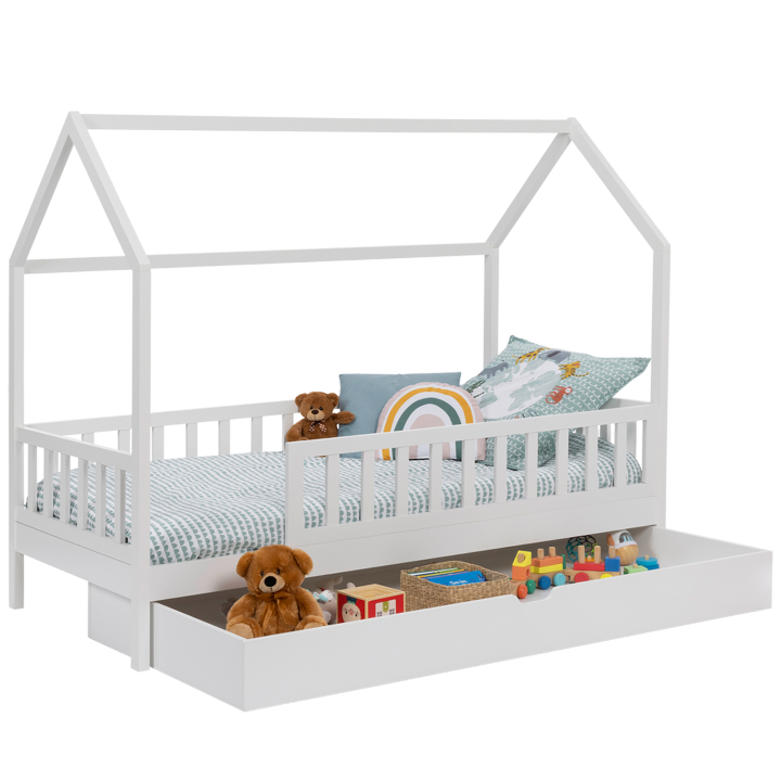 Lit cabane enfant 80 x 160 CM NEREE blanc avec 1 tiroir gigogne et de rangement