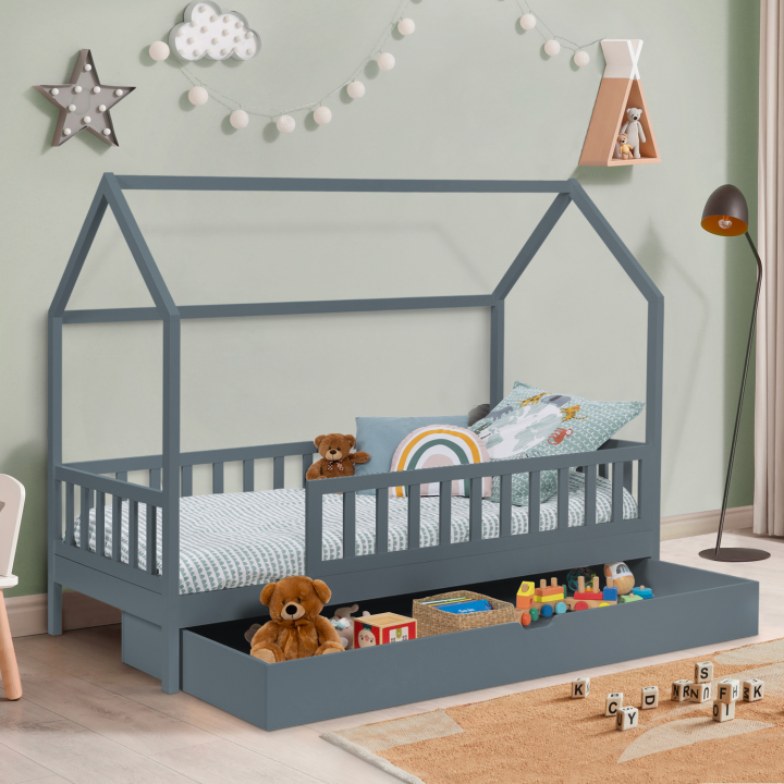 Cama cabina infantil con cajón 80x160 cm gris - NEREE | ID Market