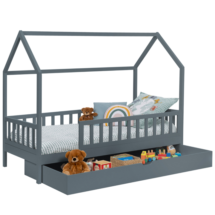 Lit cabane enfant 80 x 160 CM NEREE gris avec 1 tiroir lit gigogne