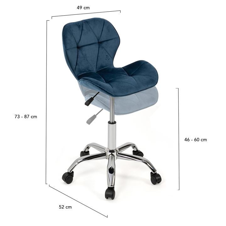 Chaise de bureau ROBINE velours bleu à roulettes