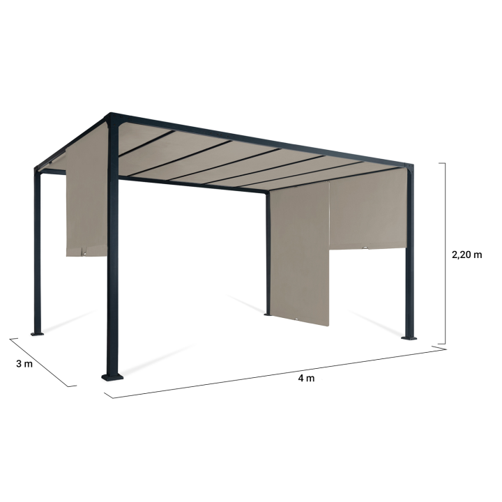 Pergola coulissante 2 pans 3x4 M belvédère de jardin toile taupe