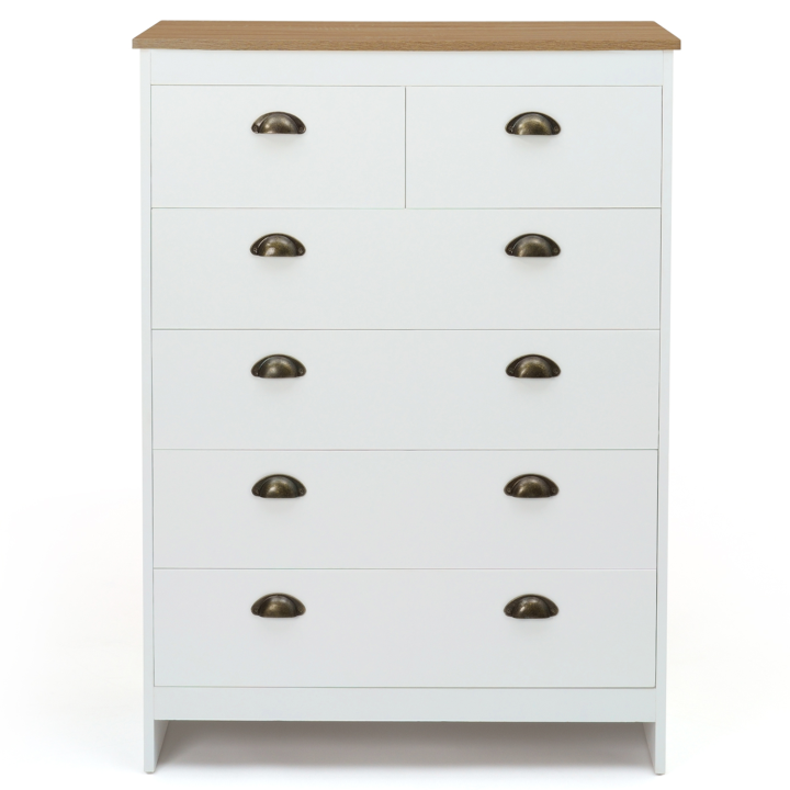 Commode 6 tiroirs ISIS 80 cm blanc et plateau bois