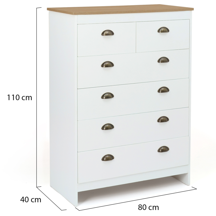 Commode 6 tiroirs ISIS 80 cm blanc et plateau bois