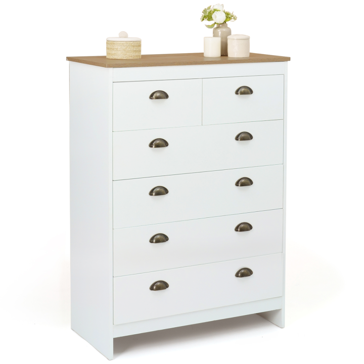 Commode 6 tiroirs ISIS 80 cm blanc et plateau bois