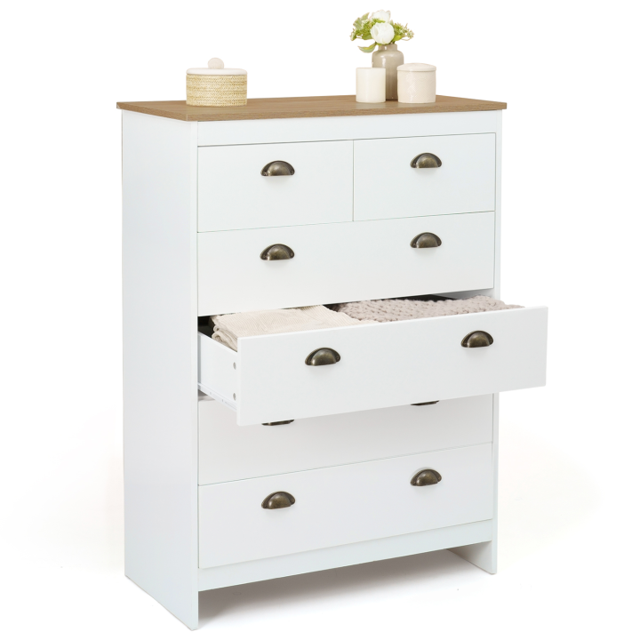 Commode 6 tiroirs ISIS 80 cm blanc et plateau bois