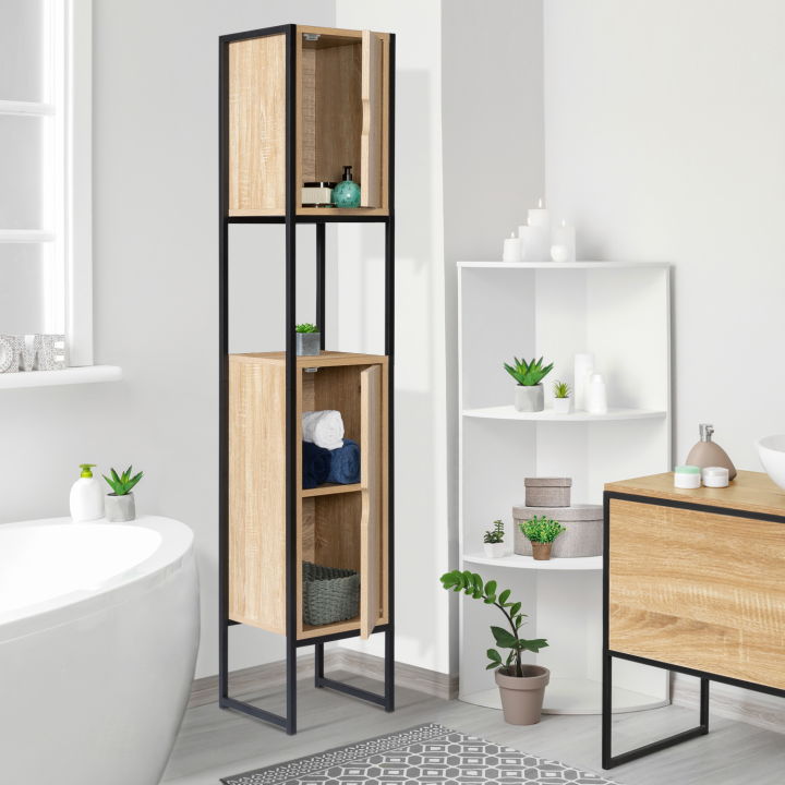 Columna de baño barata de metal negro y madera | ID Market