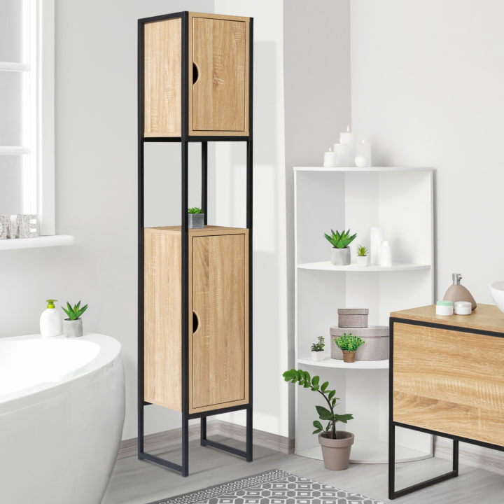 Columna de baño barata de metal negro y madera | ID Market