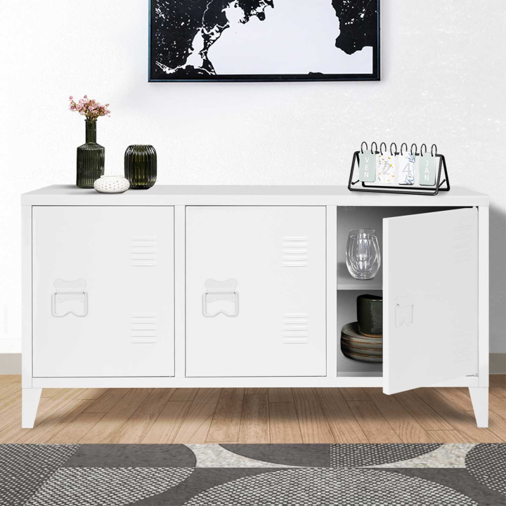 Buffet bas 113 cm ESTER 3 portes métal blanc design industriel