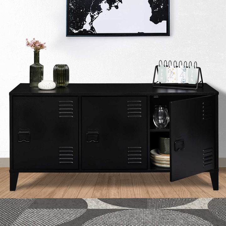 Buffet bas 113 cm ESTER 3 portes métal noir design industriel