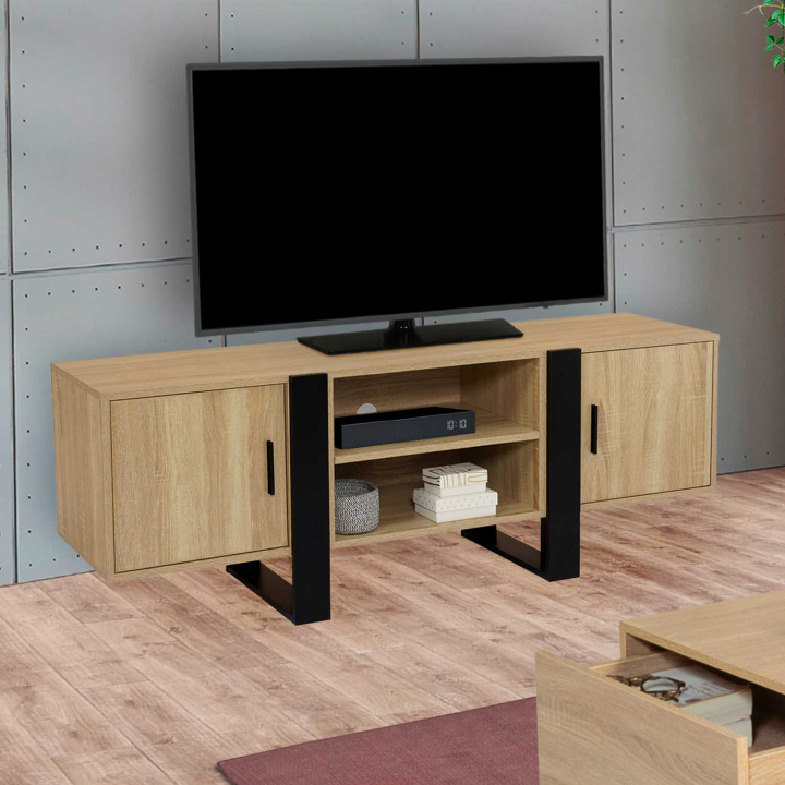 Meuble TV 140 cm PHOENIX 2 portes bois et noir