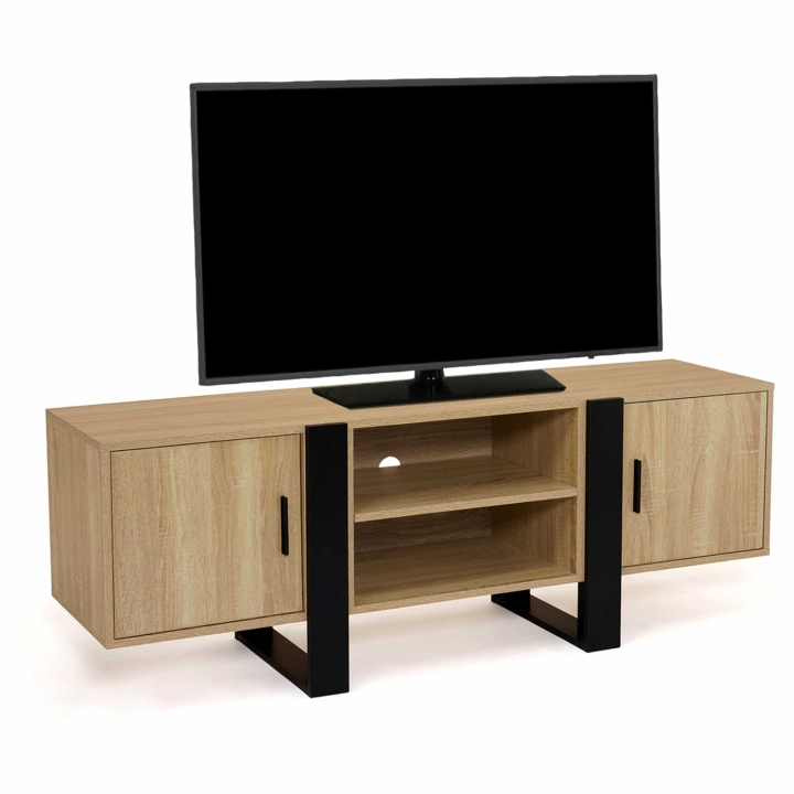 Mueble TV 2 puertas negro y madera 140 cm - PHOENIX | ID Market