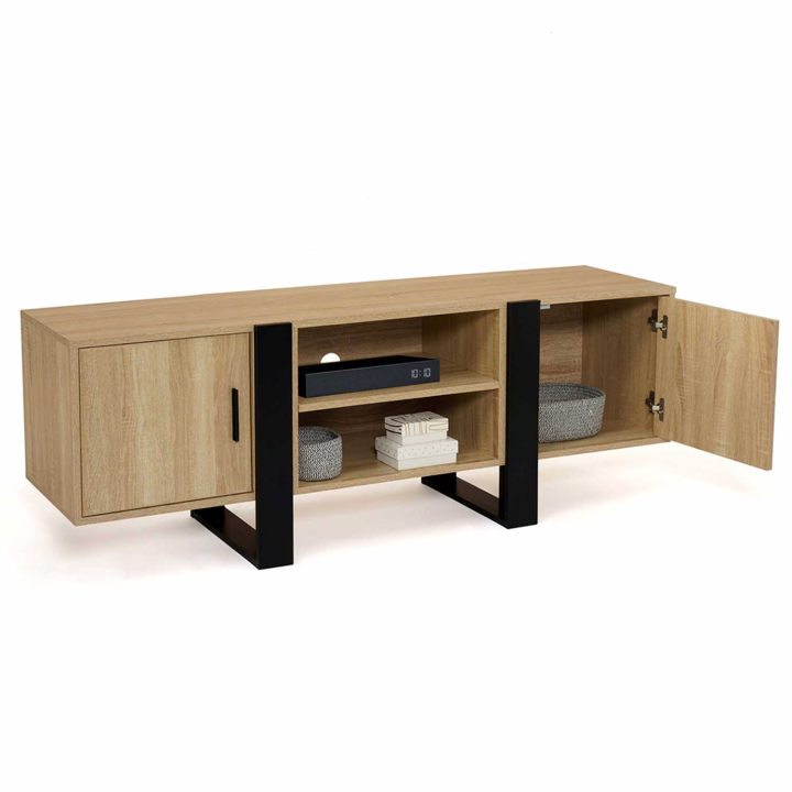 Mueble TV 2 puertas negro y madera 140 cm - PHOENIX | ID Market