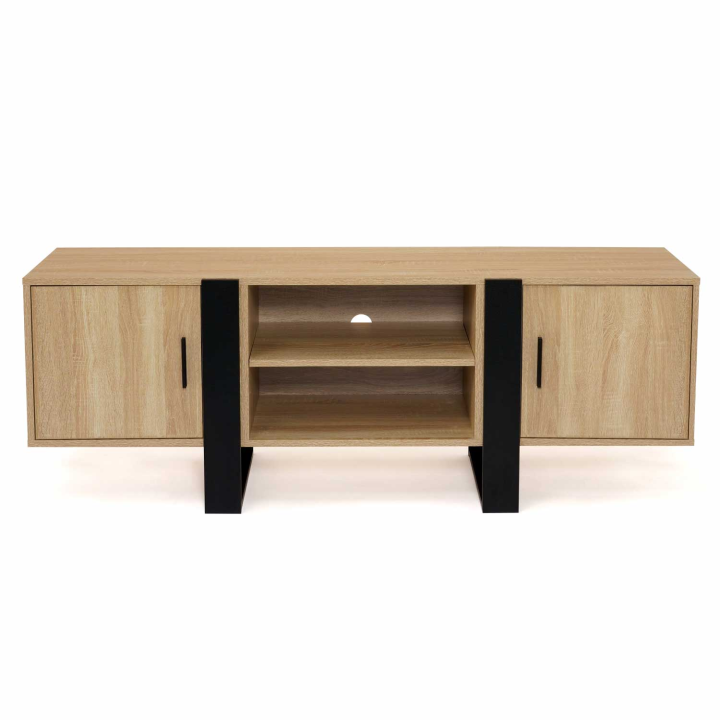 Mueble TV 2 puertas negro y madera 140 cm - PHOENIX | ID Market