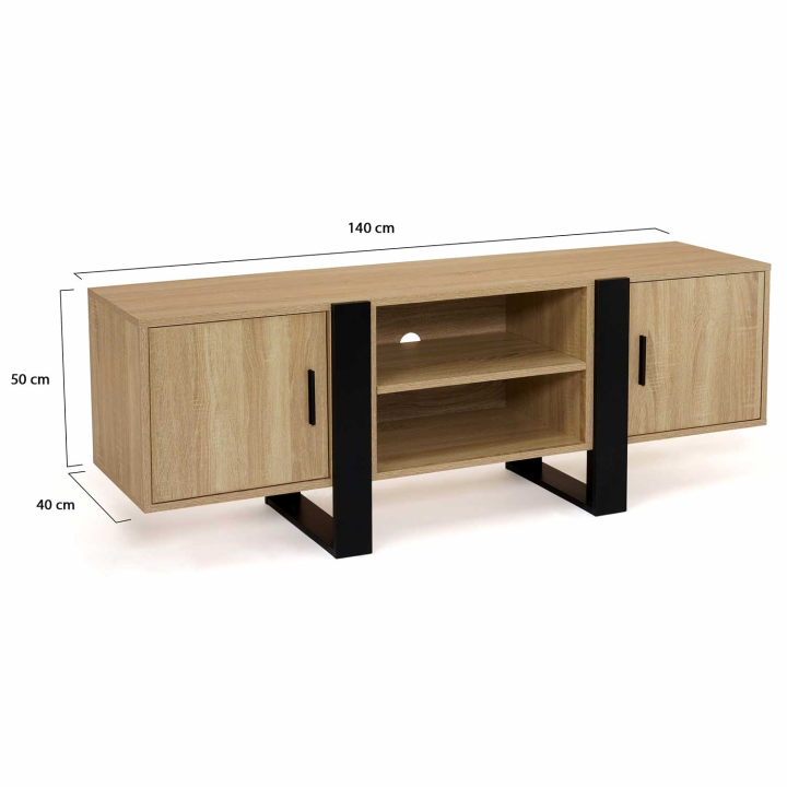 Mueble TV 2 puertas negro y madera 140 cm - PHOENIX | ID Market