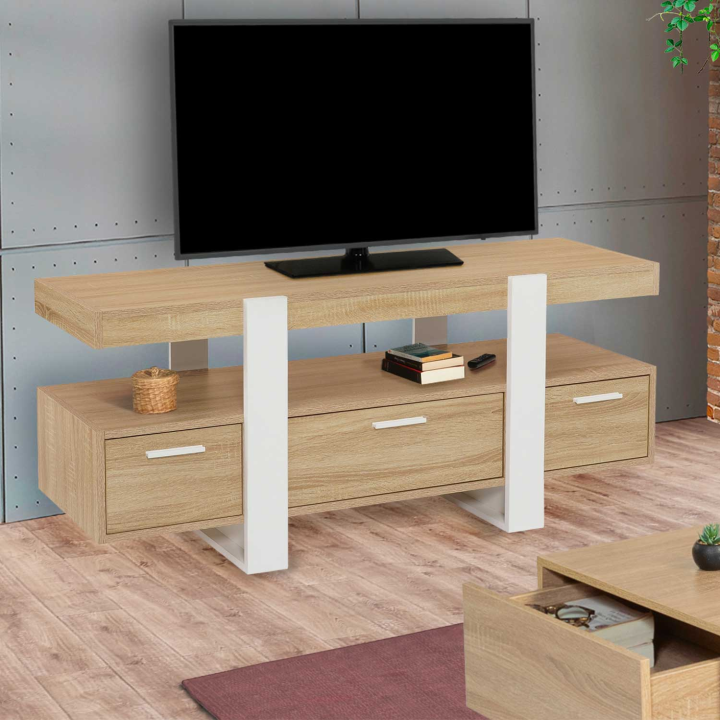 Meuble TV 116 cm PHOENIX avec tiroirs bois et blanc