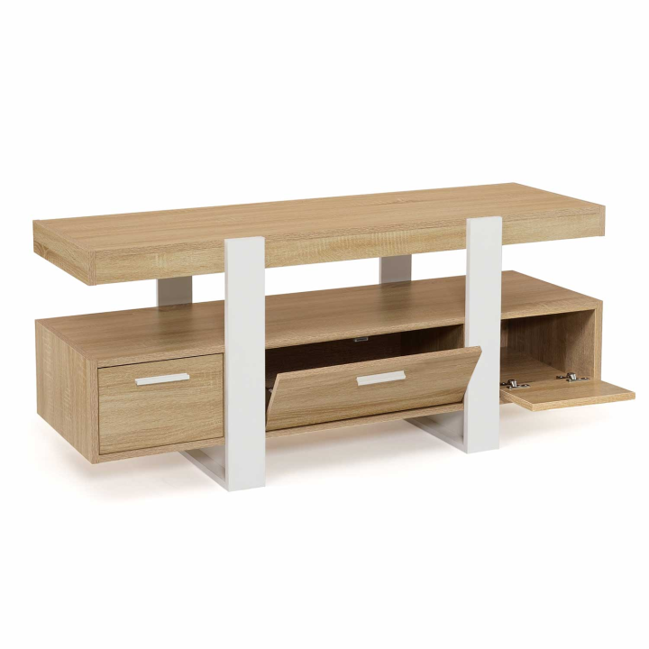 Meuble TV 116 cm PHOENIX avec tiroirs bois et blanc