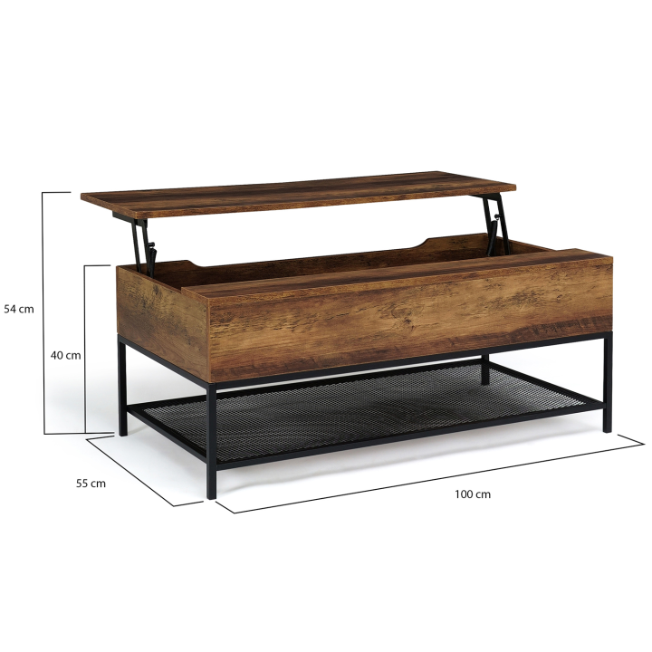 Table basse plateau relevable HAMILTON avec étagère inférieure design industriel