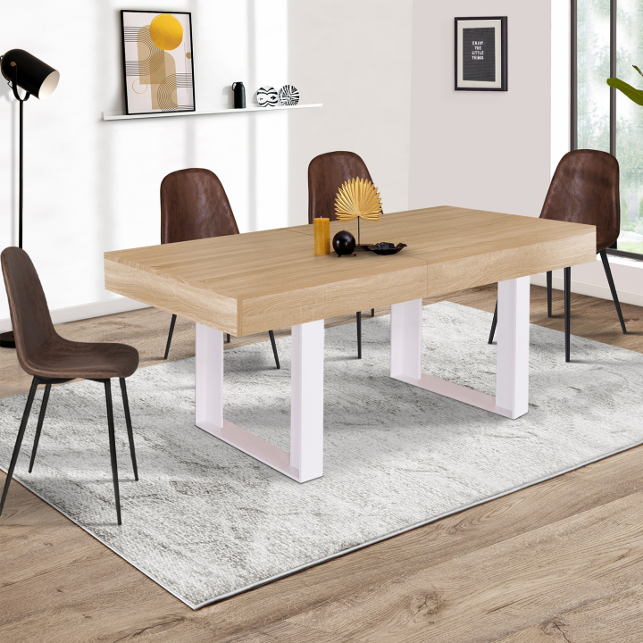 Table à manger extensible rectangle PHOENIX 6-10 personnes bois et blanc 160-200 cm