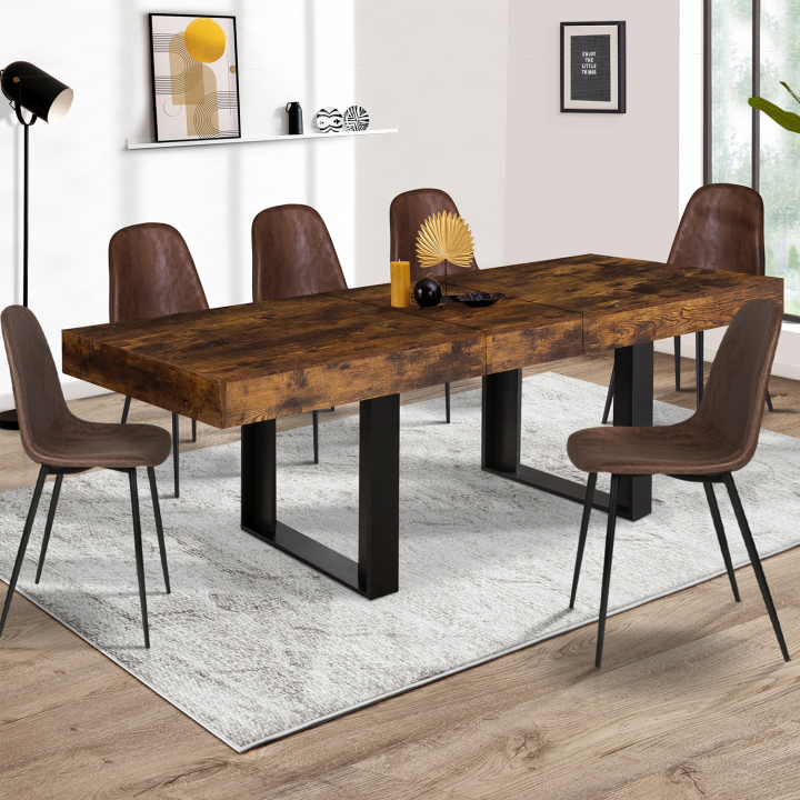 Table à manger extensible rectangle PHOENIX 6-10 personnes bois effet vieilli et noir 160-200 cm