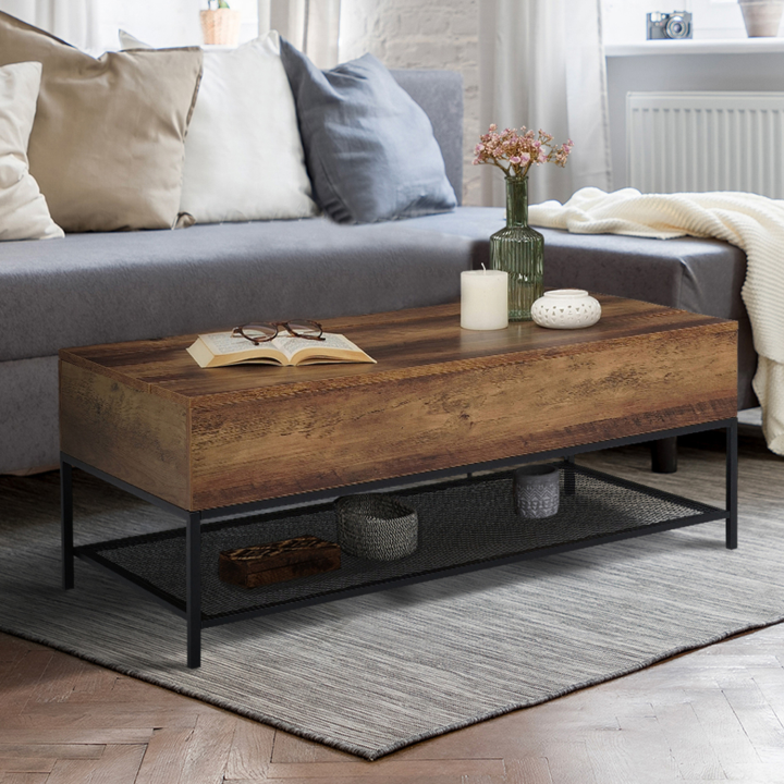 Table basse plateau relevable HAMILTON avec étagère inférieure design industriel