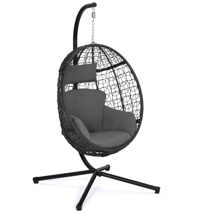 Fauteuil oeuf suspendu ajouré effet rotin noir avec coussin gris