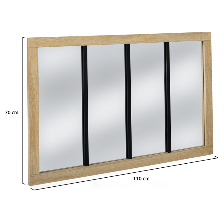 Miroir verrière atelier 4 bandes cadre bois design industriel 110x70 cm