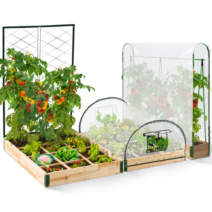 Kit complet carrés potagers serres à tomates 3 bacs + treillis + housse