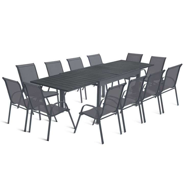 Salon de jardin POLY extensible table 135-270 CM et 12 chaises gris foncé