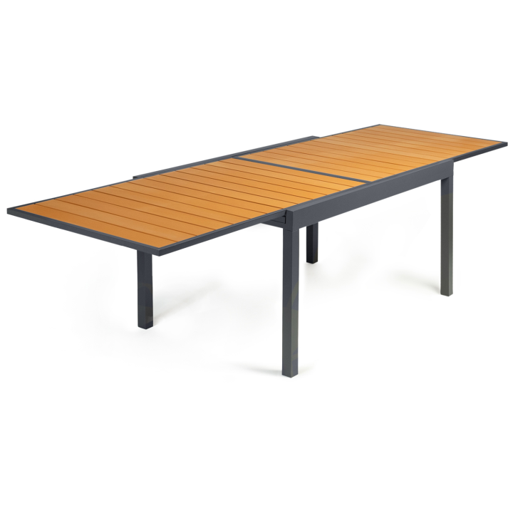 Salon de jardin POLY extensible table 135-270 CM et 12 chaises bois et gris foncé