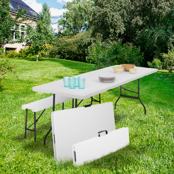 Table pliante d'appoint portable 180 CM et 2 bancs pliables pour camping ou réception