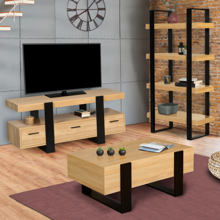 Meuble TV 116 cm PHOENIX avec tiroirs bois et noir