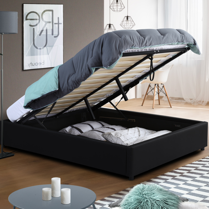 Lit coffre double MIAMI avec sommier 140 x 190 cm PVC noir