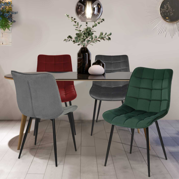 Lot de 4 chaises MADY en velours mix color vert, gris clair, gris foncé, bordeaux