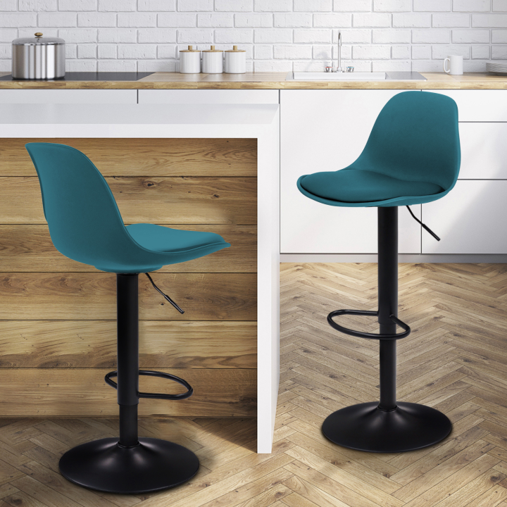 Lot de 2 tabourets de bar KARL design bleu canard pied noir