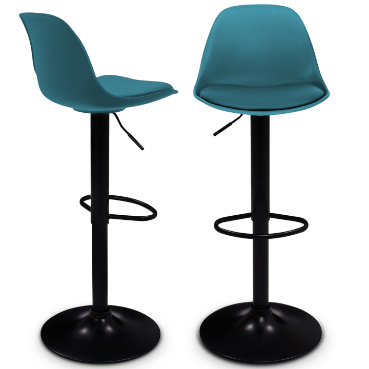 Lot de 2 tabourets de bar KARL design bleu canard pied noir